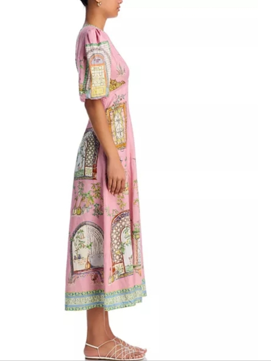 Alemais Monte Linen Midi Dress Pink Printed Flax Puff Sleeve Resort XXL - Picture 10 of 11